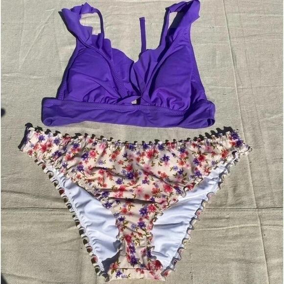 Shane & shore, bikini purple tops ruffles SZ L floral bottom SZ XL - Picture 1 of 4
